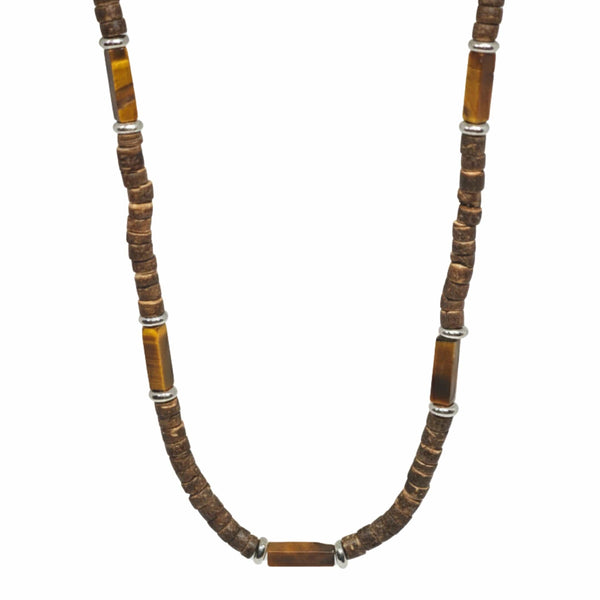 WILDWOOD TRIBAL - Tiger Eye chatoyance 6 mm Beaded Necklace for Men and Boys (21 inches with adjustable silver cable chain)