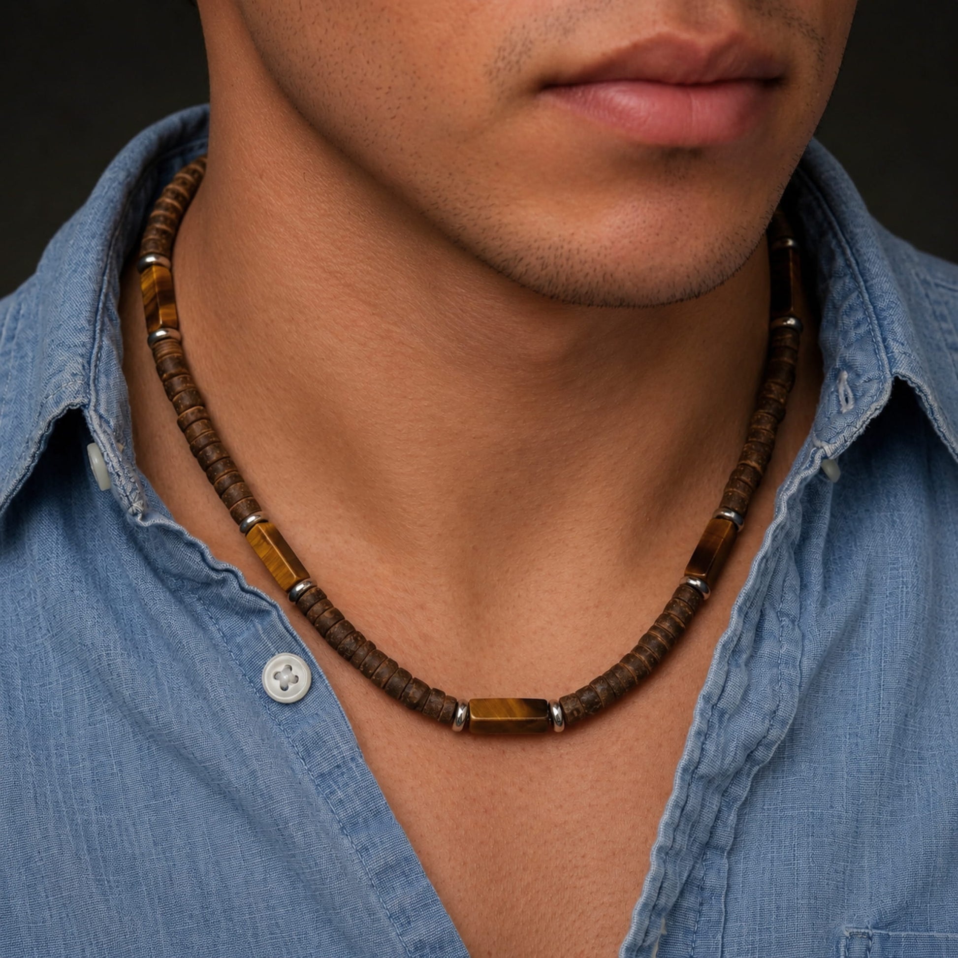 THE MEN THING Pearl / Bead Necklace WILDWOOD TRIBAL - Tiger Eye chatoyance 6 mm Beaded Necklace for Men and Boys (21 inches with adjustable silver cable chain)