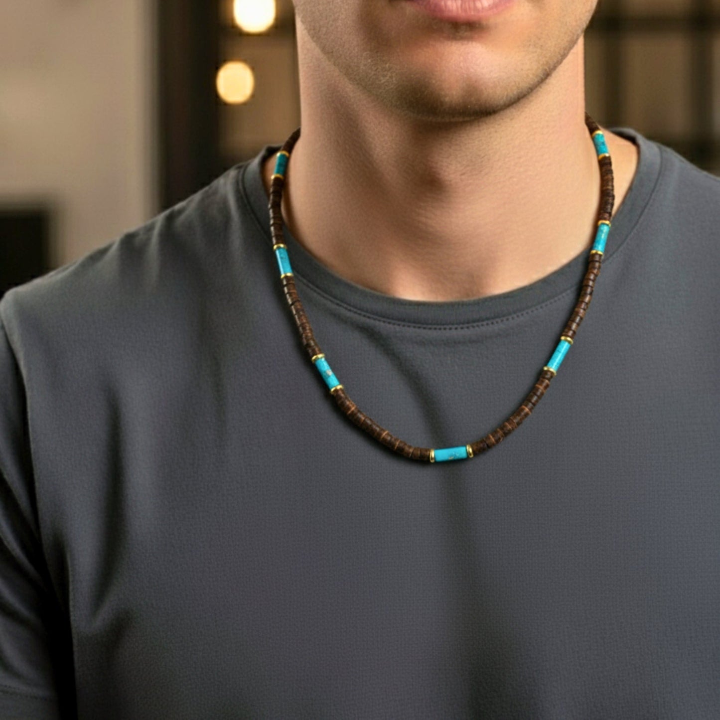 THE MEN THING Pearl / Bead Necklace WILDWOOD TRIBAL - Turquoise Blue 6 mm Beaded Necklace for Men and Boys (22 inches with adjustable golden cable chain)