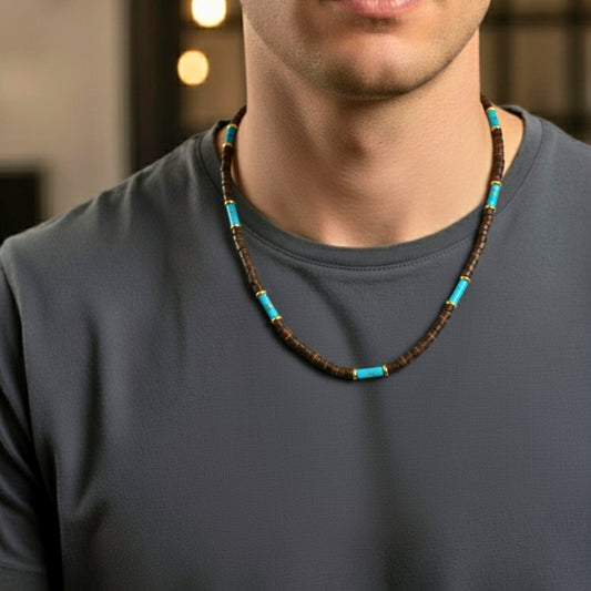 THE MEN THING Pearl / Bead Necklace WILDWOOD TRIBAL - Turquoise Blue 6 mm Beaded Necklace for Men and Boys (22 inches with adjustable golden cable chain)