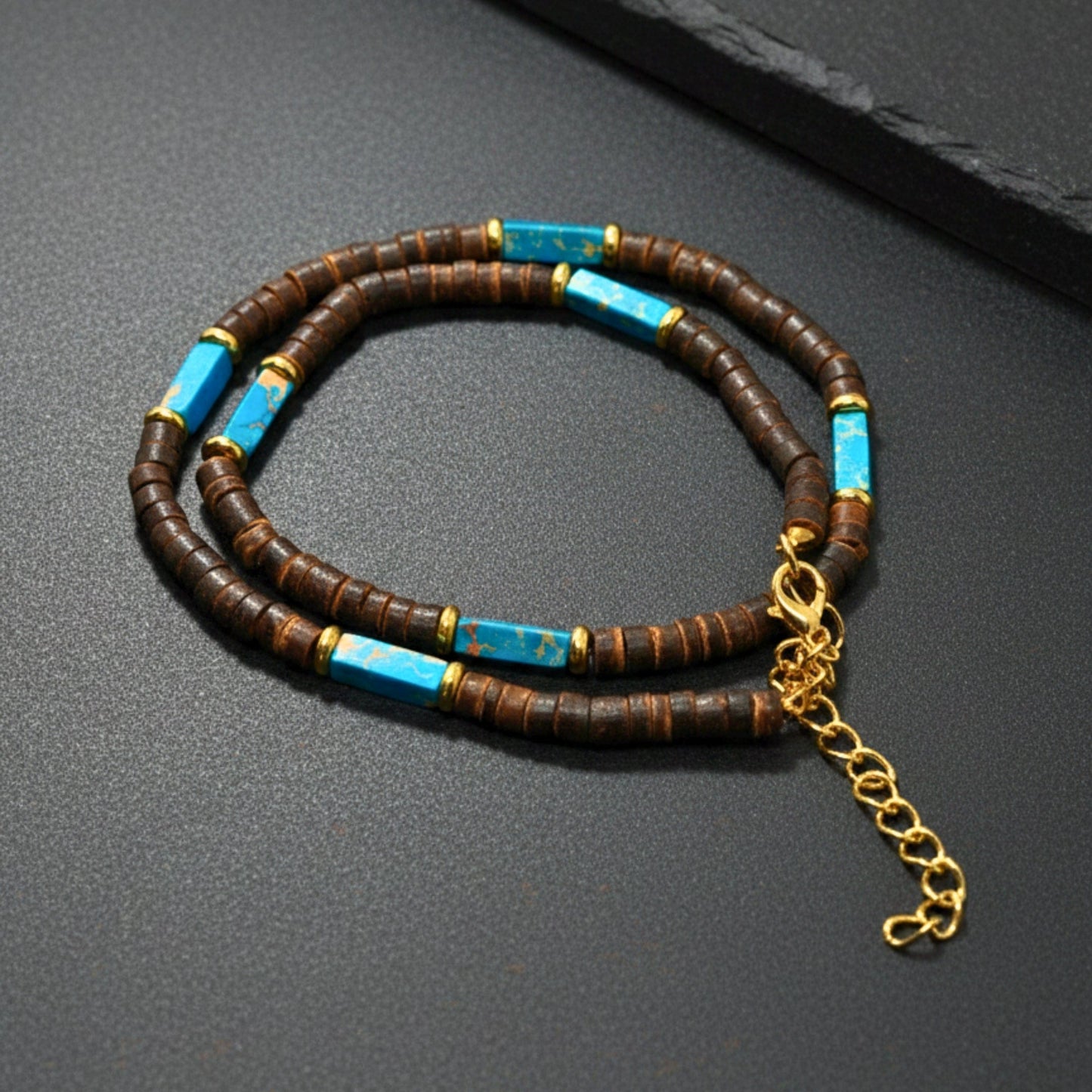 THE MEN THING Pearl / Bead Necklace WILDWOOD TRIBAL - Turquoise Blue 6 mm Beaded Necklace for Men and Boys (22 inches with adjustable golden cable chain)