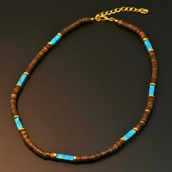 WILDWOOD TRIBAL - Turquoise Blue 6 mm Beaded Necklace for Men and Boys (22 inches with adjustable golden cable chain)