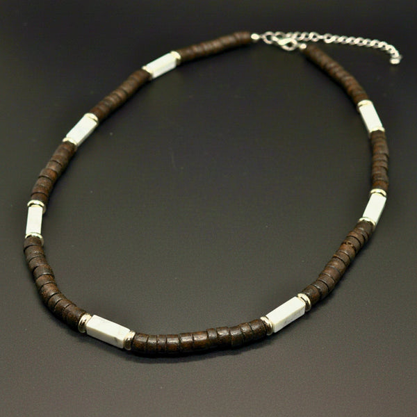 WILDWOOD TRIBAL - White 6 mm Beaded Necklace for Men and Boys (21 inches with adjustable silver cable chain)