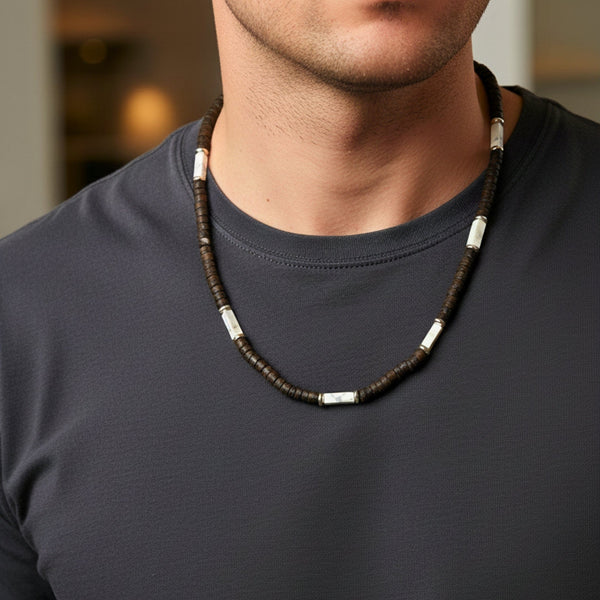 WILDWOOD TRIBAL - White 6 mm Beaded Necklace for Men and Boys (21 inches with adjustable silver cable chain)