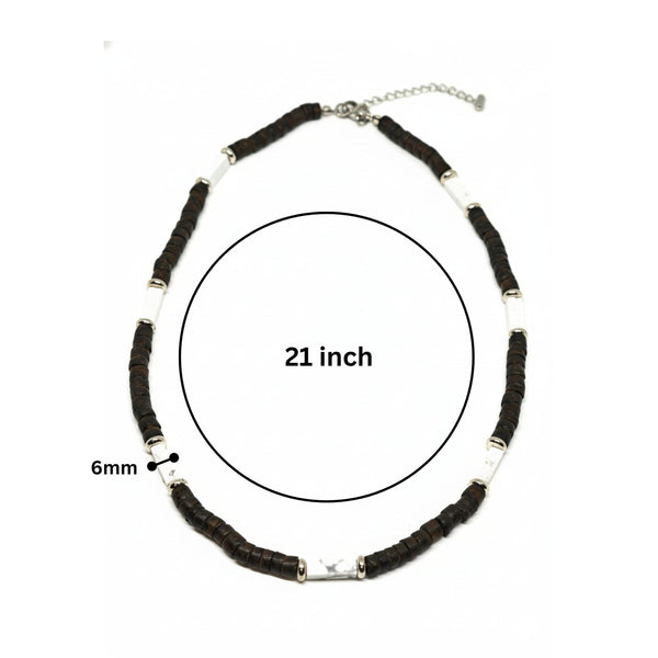 WILDWOOD TRIBAL - White 6 mm Beaded Necklace for Men and Boys (21 inches with adjustable silver cable chain)