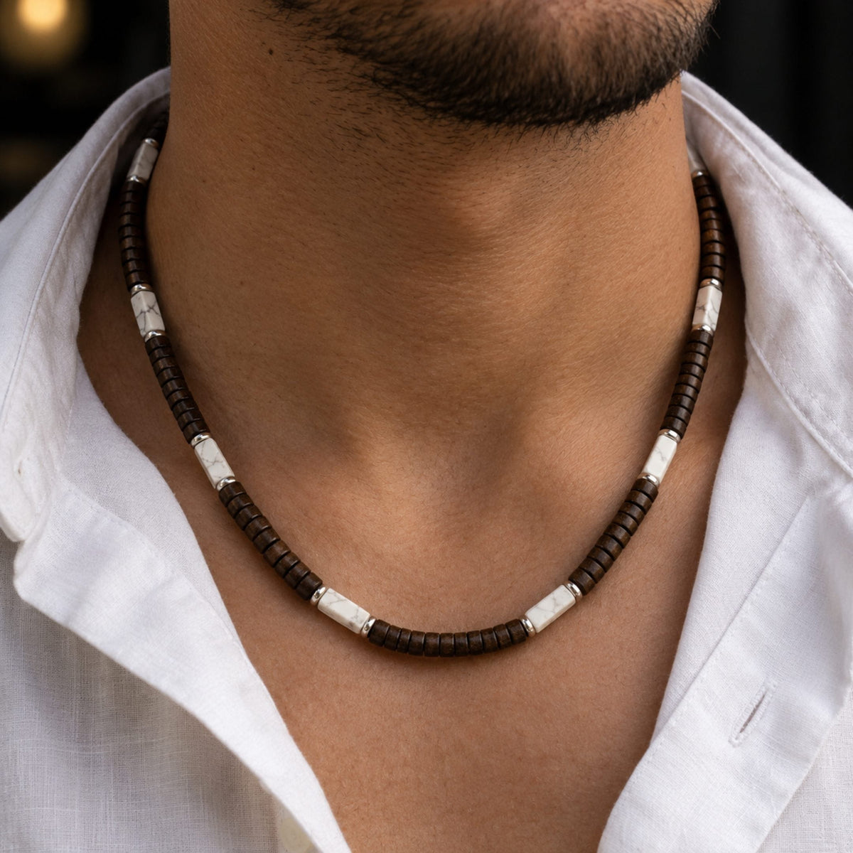 THE MEN THING Pearl / Bead Necklace WILDWOOD TRIBAL - White 6 mm Beaded Necklace for Men and Boys (21 inches with adjustable silver cable chain)