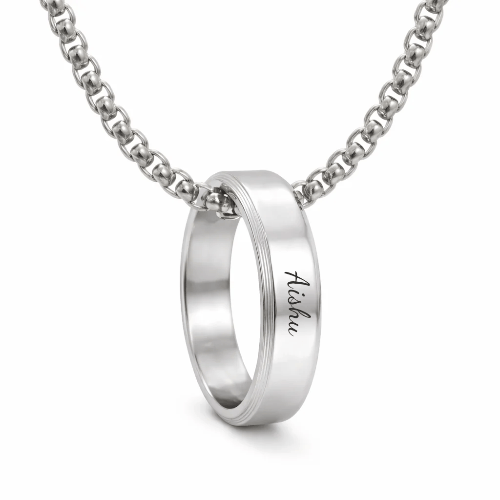 Personalised Name Engraved - Ring in Necklace | My Words, My Love  - Pure Titanium Steel  Pendant with 24inch Round Box 4mm Chain for Men & Boys
