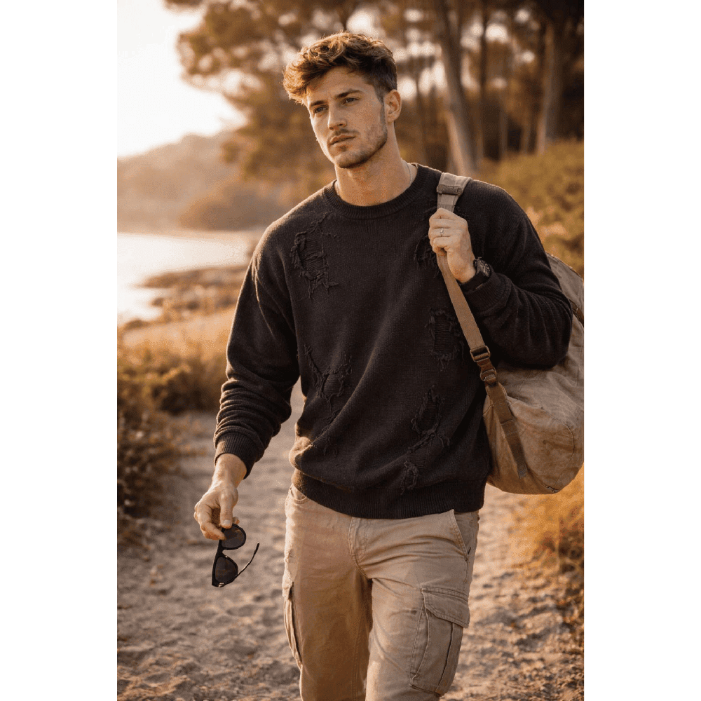 THE MEN THING RAVAGED KNIT Distressed Oversized Sweatshirt - Black