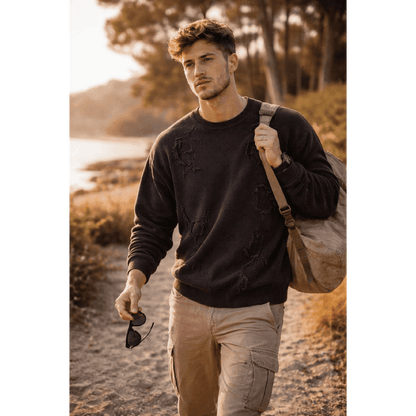 THE MEN THING RAVAGED KNIT Distressed Oversized Sweatshirt - Black