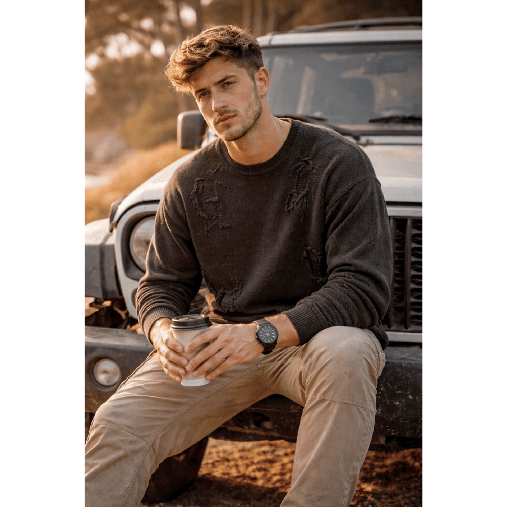 THE MEN THING RAVAGED KNIT Distressed Oversized Sweatshirt - Black