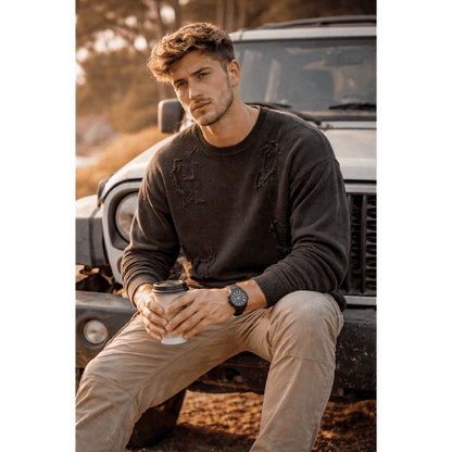 THE MEN THING RAVAGED KNIT Distressed Oversized Sweatshirt - Black