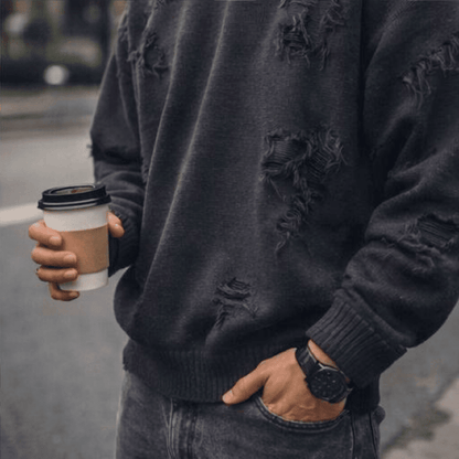THE MEN THING RAVAGED KNIT Distressed Oversized Sweatshirt - Black