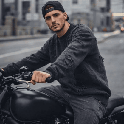 THE MEN THING RAVAGED KNIT Distressed Oversized Sweatshirt - Black