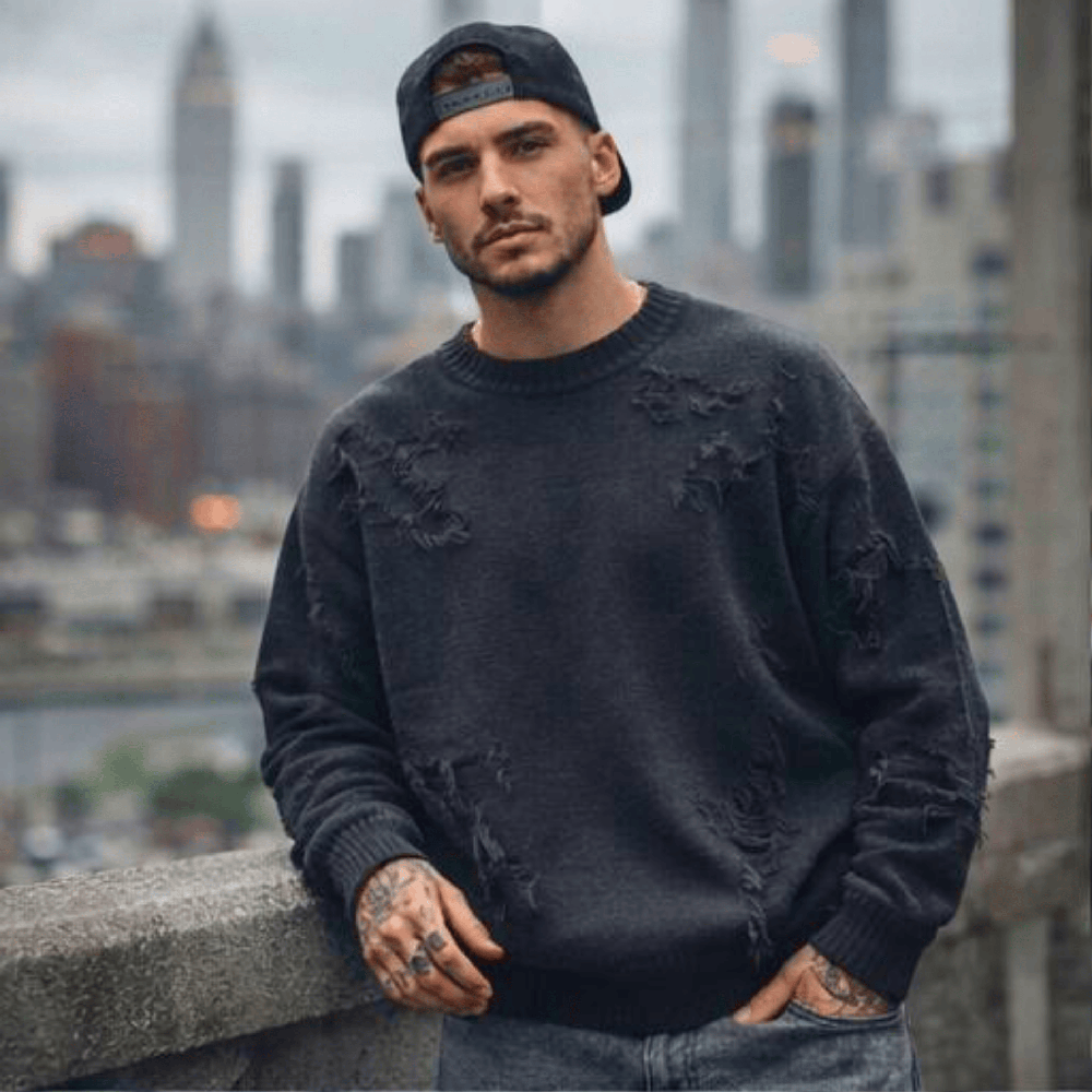 THE MEN THING RAVAGED KNIT Distressed Oversized Sweatshirt - Black