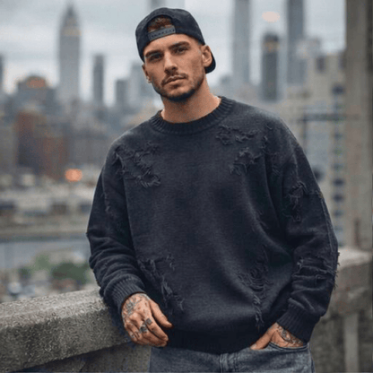 THE MEN THING RAVAGED KNIT Distressed Oversized Sweatshirt - Black