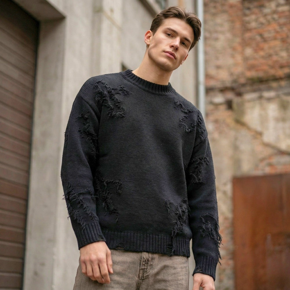 THE MEN THING RAVAGED KNIT Distressed Oversized T-Shirt - Black