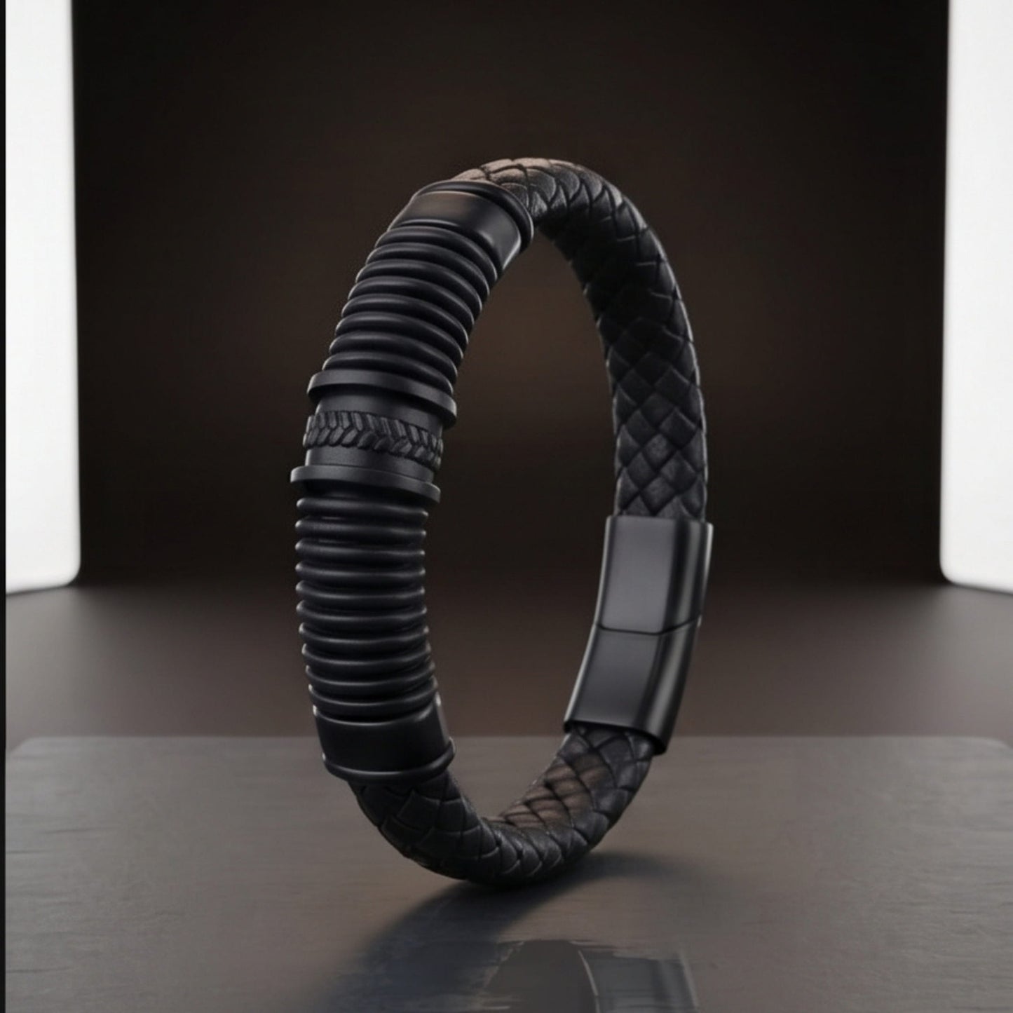 THE MEN THING RIBBED ONYX - 15mm Genuine Leather Multi-Layer Bracelet with Stainless Steel Magnetic Buckle for Men & Boys (8 inch)