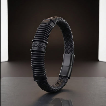 THE MEN THING RIBBED ONYX - 15mm Genuine Leather Multi-Layer Bracelet with Stainless Steel Magnetic Buckle for Men & Boys (8 inch)