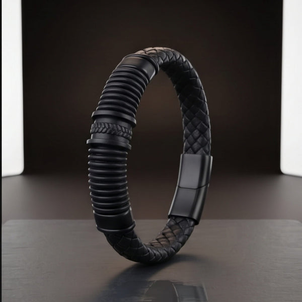 RIBBED ONYX - 15mm Genuine Leather Multi-Layer Bracelet with Stainless Steel Magnetic Buckle for Men & Boys (8 inch)