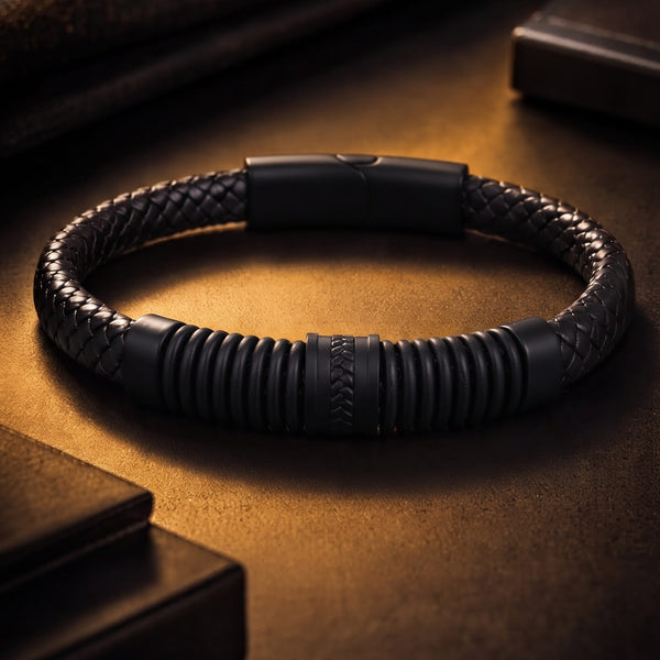 RIBBED ONYX - 15mm Genuine Leather Multi-Layer Bracelet with Stainless Steel Magnetic Buckle for Men & Boys (8 inch)