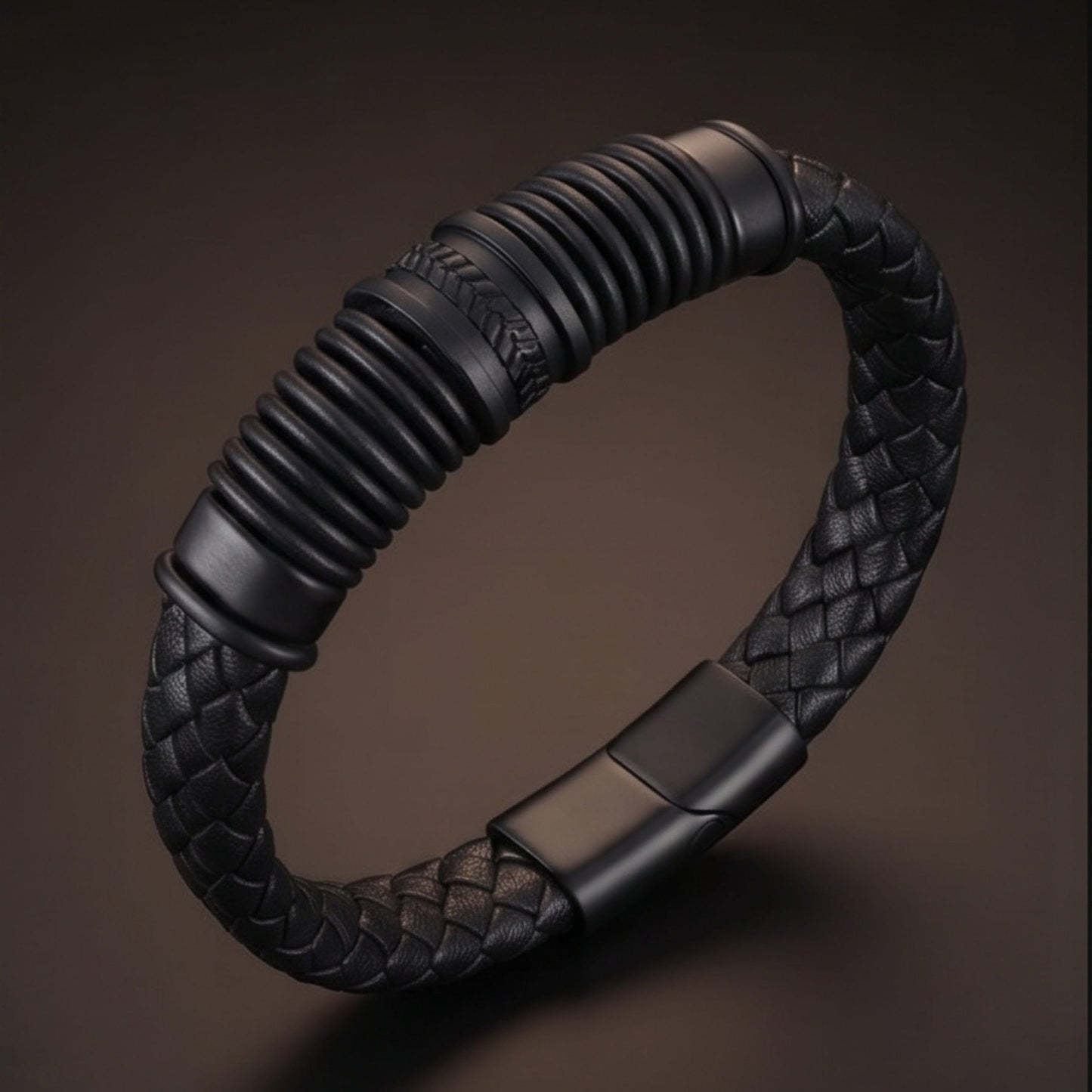 THE MEN THING RIBBED ONYX - 15mm Genuine Leather Multi-Layer Bracelet with Stainless Steel Magnetic Buckle for Men & Boys (8 inch)