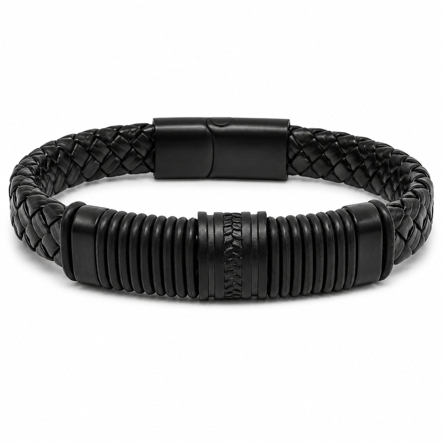 THE MEN THING RIBBED ONYX - 15mm Genuine Leather Multi-Layer Bracelet with Stainless Steel Magnetic Buckle for Men & Boys (8 inch)