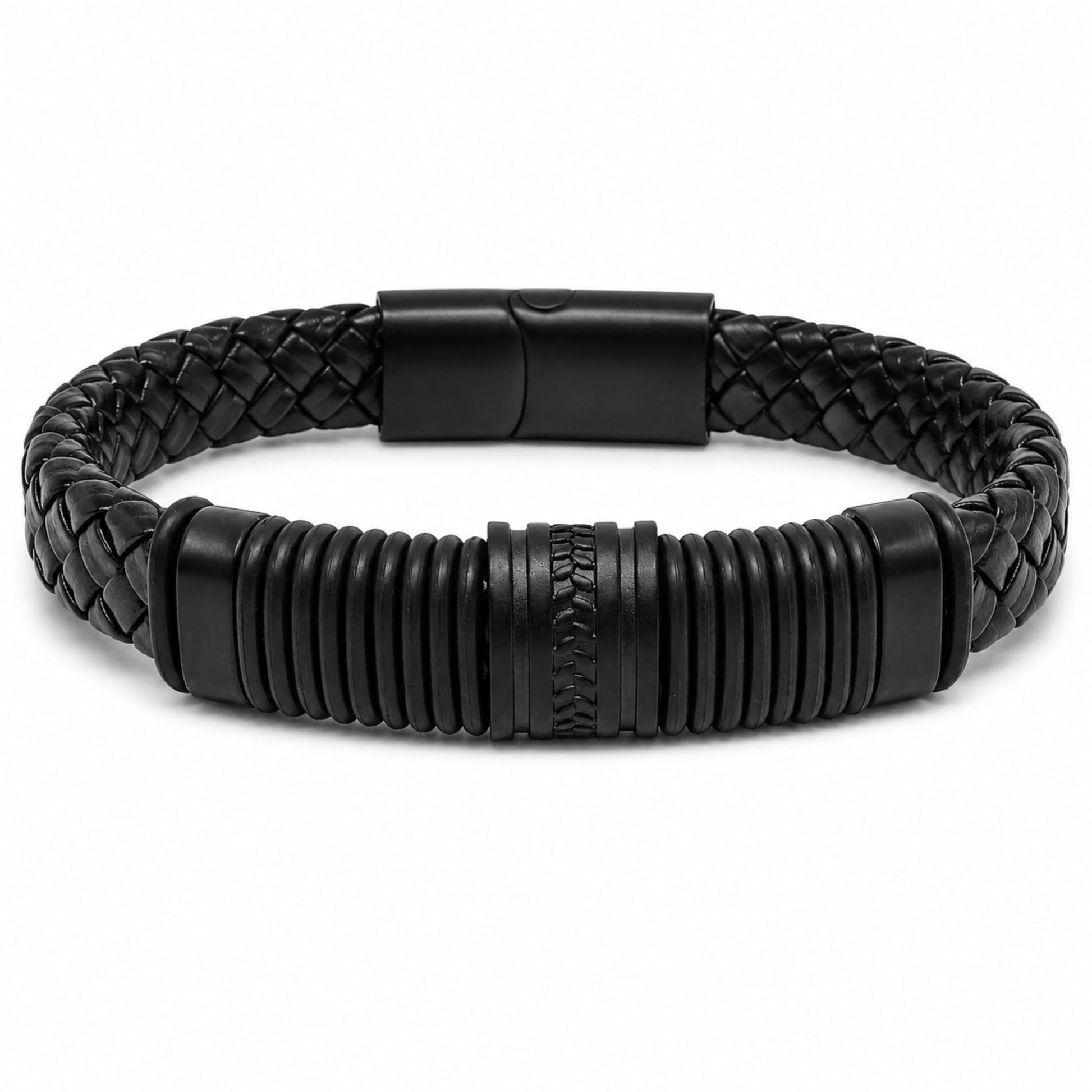 THE MEN THING RIBBED ONYX - 15mm Genuine Leather Multi-Layer Bracelet with Stainless Steel Magnetic Buckle for Men & Boys (8 inch)