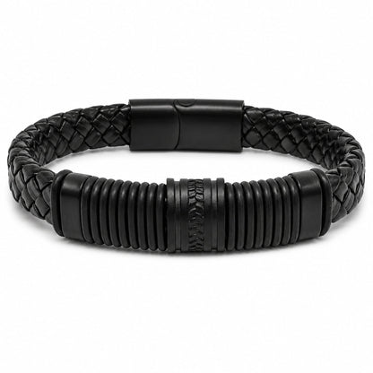 THE MEN THING RIBBED ONYX - 15mm Genuine Leather Multi-Layer Bracelet with Stainless Steel Magnetic Buckle for Men & Boys (8 inch)