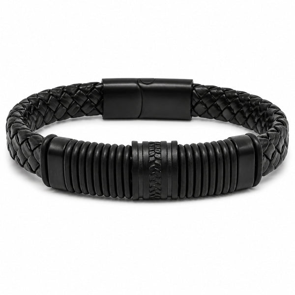RIBBED ONYX - 15mm Genuine Leather Multi-Layer Bracelet with Stainless Steel Magnetic Buckle for Men & Boys (8 inch)