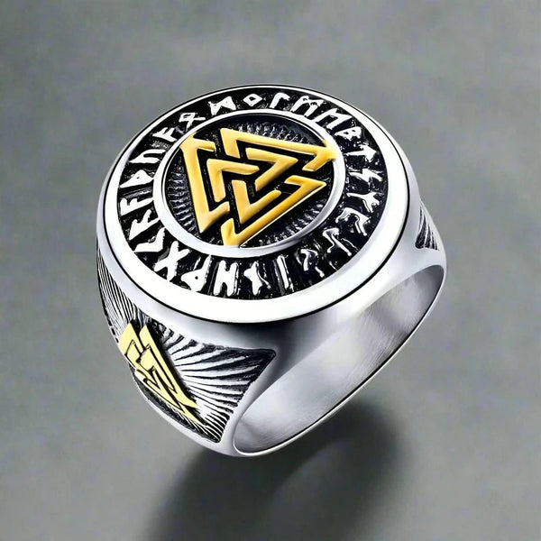TRIVALK - Norse-Inspired Titanium Steel Ring with Rune & Valknut Symbol - Viking Style