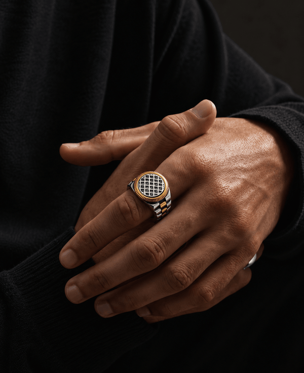 Royal Series - DOMINION GRID RING - Pure Stainless Steel Men’s Steel Gold-Plated Ring – Statement Luxury Jewelry (Size : 16-19-21-22-24-26)