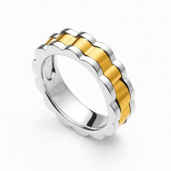 Royal Series - RIPPLE BAND RING - Pure Stainless Steel Men’s Steel-Gold-Plated Ring – Statement Luxury Jewelry (Size : 16-22-27)