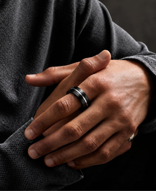 THE MEN THING Rings 17 Royal Series - BLACK STRIKE RING - Pure Stainless Steel Men’s Black-Steel-Plated Ring – Statement Luxury Jewelry (Size : 17-20-22-25-27)