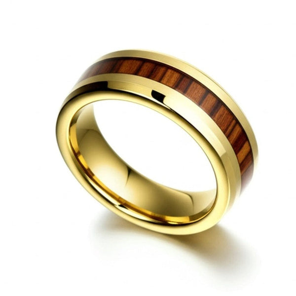 Royal Series - REDWOOD BAND RING - Pure Stainless Steel Men’s Gold-Plated Brown Strip Ring – Statement Luxury Jewelry (Size : 17-19-22-24-27)
