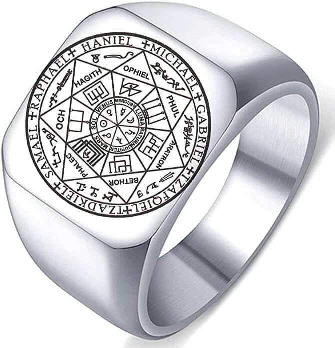 THE MEN THING Rings 17 / Silver Toned - Titanium Steel 7PROTECT -  Titanium Steel Ring | The Seals of The Seven Archangels Protection for Mens (Size : 17, 20, 26)