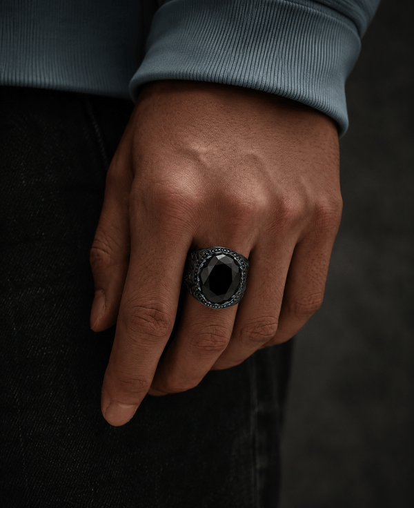 Royal Series - BLACKFIRE SIGNET RING - Pure Stainless Steel Men’s Black-Plated Ring – Statement Luxury Jewelry (Size : 18-21-23)
