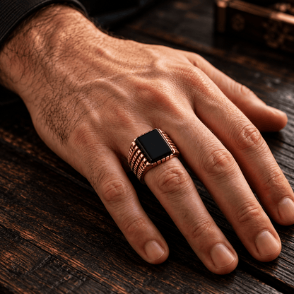 THE MEN THING Rings 18 Royal Series - BLACKSTONE SOVEREIGN RING - Pure Stainless Steel Men’s Rose Gold-Plated Ring – Statement Luxury Jewelry (Size : 16-19-21-24)