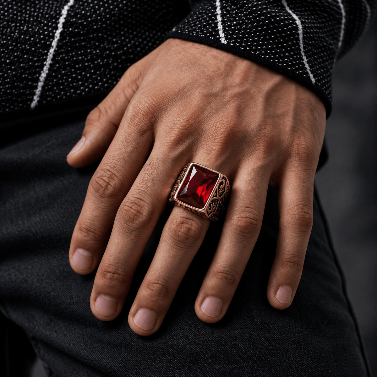 THE MEN THING Rings 18 Royal Series - RED VALOR RING - Pure Stainless Steel Men’s Gold-Red Stone-Plated Ring – Statement Luxury Jewelry (Size : 18-21-23)