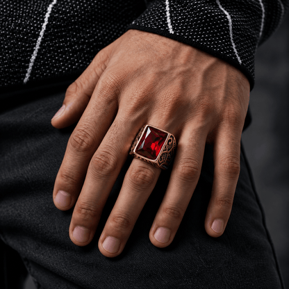 THE MEN THING Rings 18 Royal Series - RED VALOR RING - Pure Stainless Steel Men’s Gold-Red Stone-Plated Ring – Statement Luxury Jewelry (Size : 18-21-23)