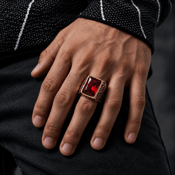 Royal Series - RED VALOR RING - Pure Stainless Steel Men’s Gold-Red Stone-Plated Ring – Statement Luxury Jewelry (Size : 18-21-23)