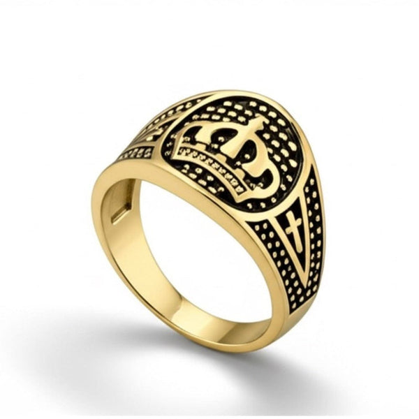 Royal Series - CROWN VALOR RING - Pure Stainless Steel Men’s Gold-Plated Crown Ring – Statement Luxury Jewelry (Size : 19-22-24)