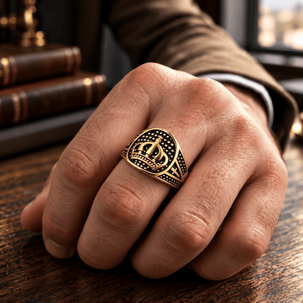 Royal Series - CROWN VALOR RING - Pure Stainless Steel Men’s Gold-Plated Crown Ring – Statement Luxury Jewelry (Size : 19-22-24)