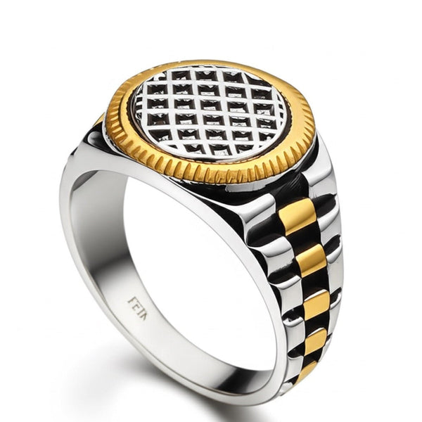 Royal Series - DOMINION GRID RING - Pure Stainless Steel Men’s Steel Gold-Plated Ring – Statement Luxury Jewelry (Size : 16-19-21-22-24-26)