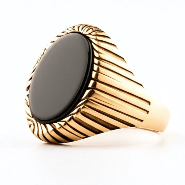 Royal Series - NIGHT EMBER RING - Pure Stainless Steel Men’s Rose Gold-Plated Black Onyx Ring – Statement Luxury Jewelry (Size : 16-21-27)