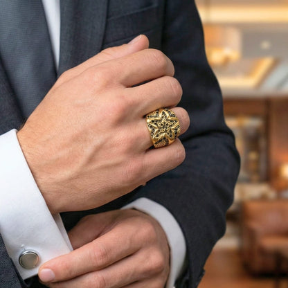 THE MEN THING Rings 19 Royal Series - RUNIC ECLIPSE RING - Pure Stainless Steel Men’s Gold-Plated Ring – Statement Luxury Jewelry (Size : 19-22-24)