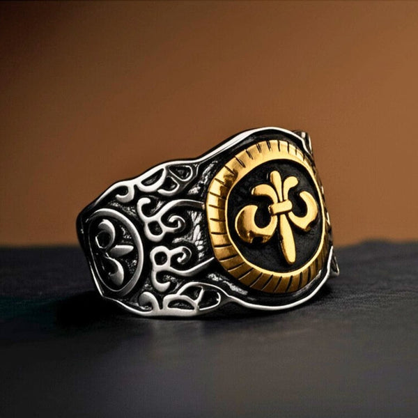 Royal Series - SOVEREIGN FLEUR RING - Pure Stainless Steel Men’s Steel-Gold-Plated Ring – Statement Luxury Jewelry (Size : -19-21-24)