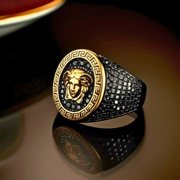 Royal Series - TITAN’S GAZE RING - Pure Stainless Steel Men’s Black-Gold-Plated Ring – Statement Luxury Jewelry (Size : 19-22-24)