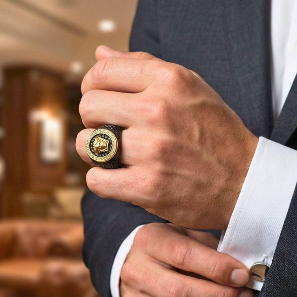 Royal Series - TITAN’S GAZE RING - Pure Stainless Steel Men’s Black-Gold-Plated Ring – Statement Luxury Jewelry (Size : 19-22-24)