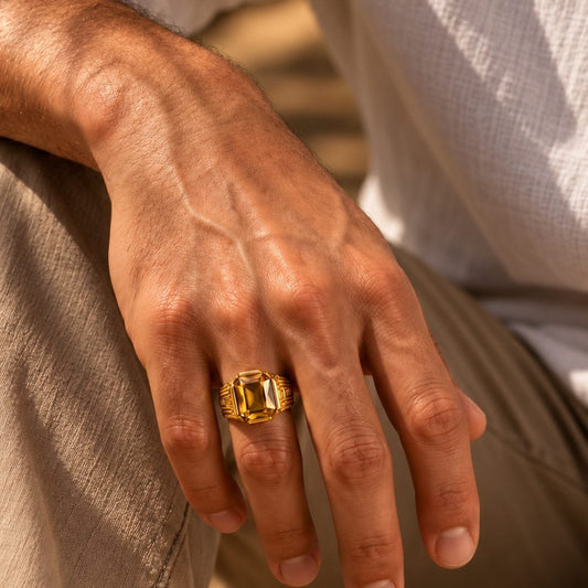 THE MEN THING Rings 27 REGAL CITRINE - Pure Stainless Steel Men’s Gold Plated Ring (Size : 27 )