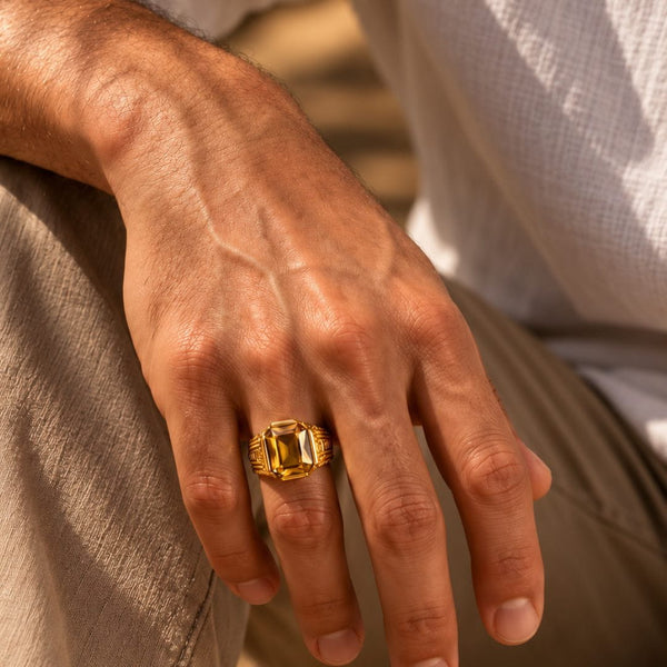 REGAL CITRINE - Pure Stainless Steel Men’s Gold Plated Ring (Size : 27 )
